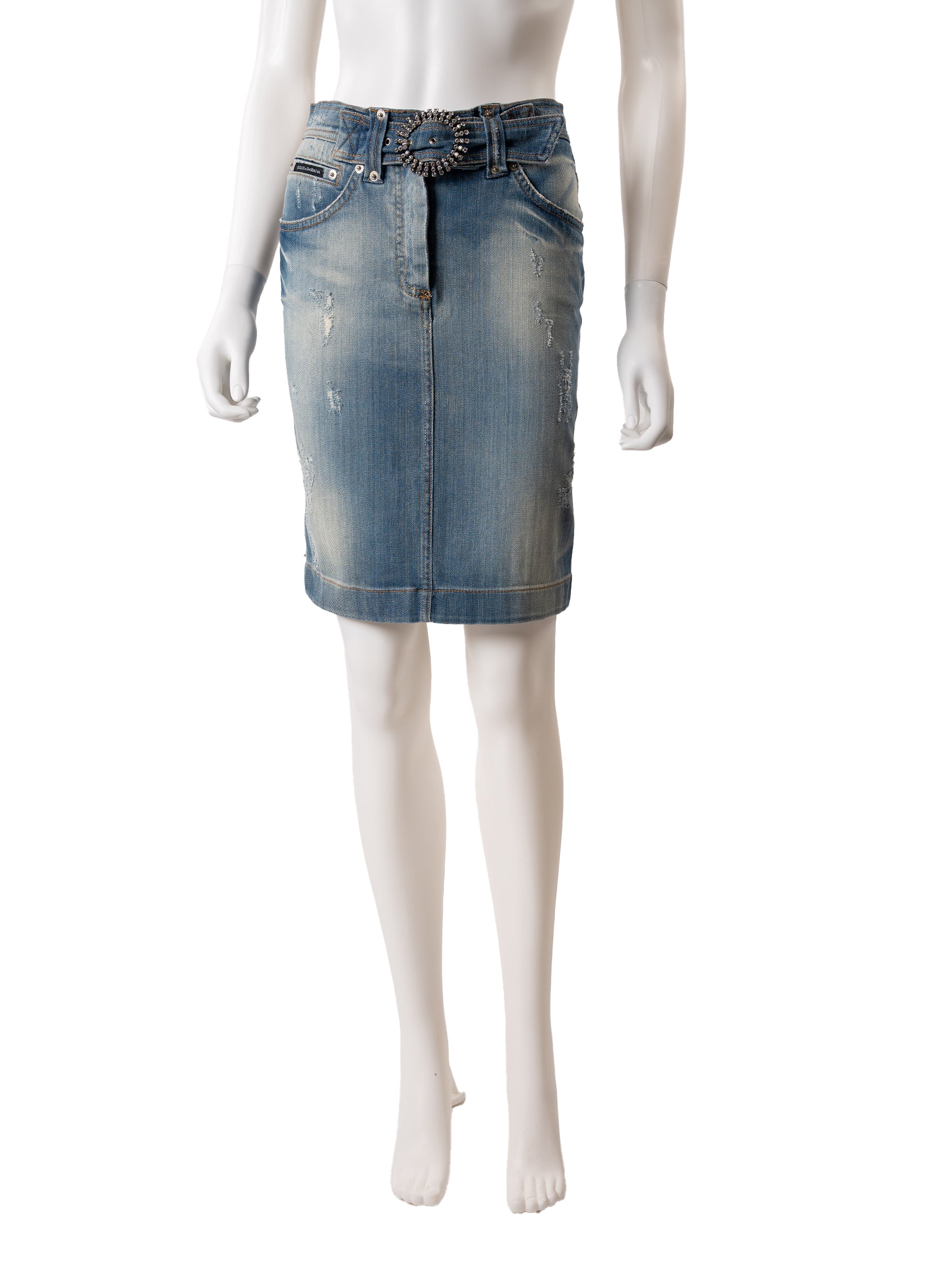 Dolce & Gabbana Denim Skirt w/ Embellished Belt Buckle