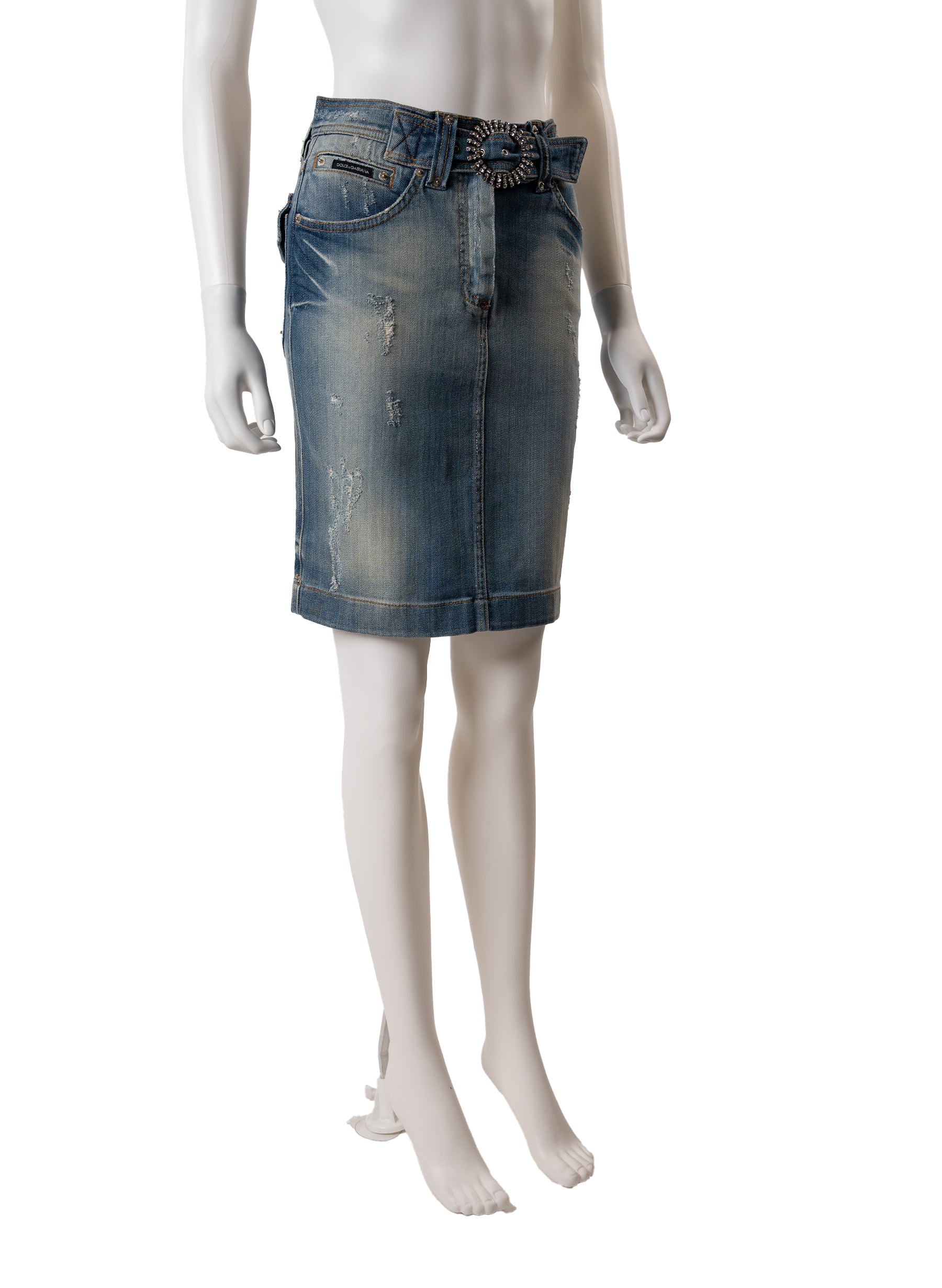 Dolce & Gabbana Denim Skirt w/ Embellished Belt Buckle