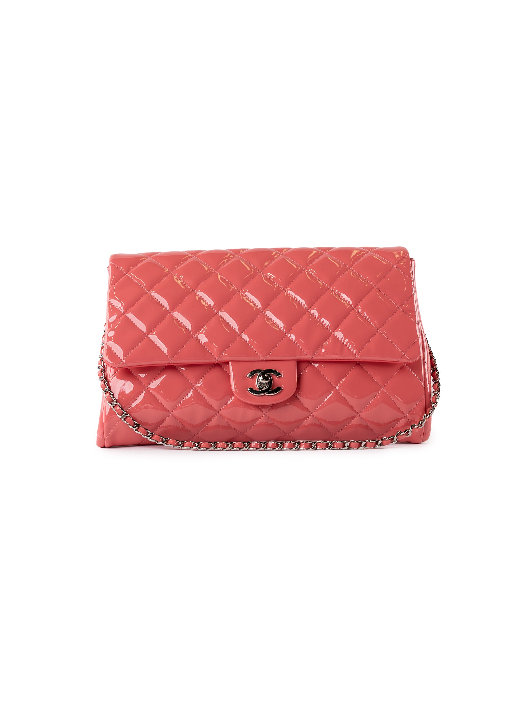 Chanel Patent Leather Quilted Clutch On Chain