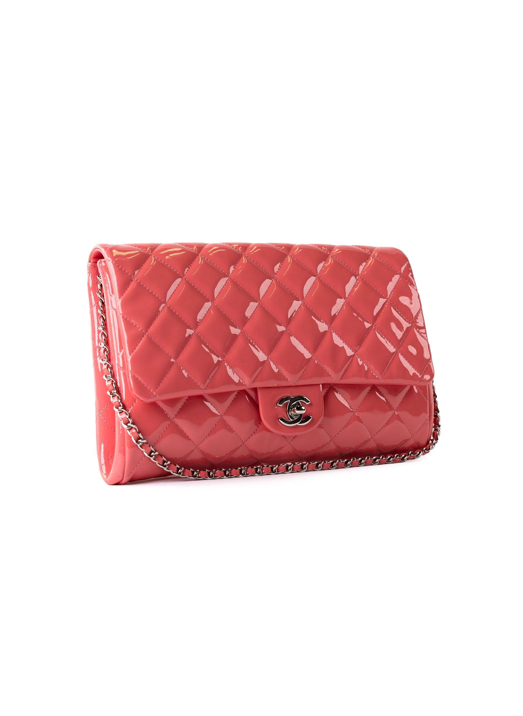 Chanel Patent Leather Quilted Clutch On Chain