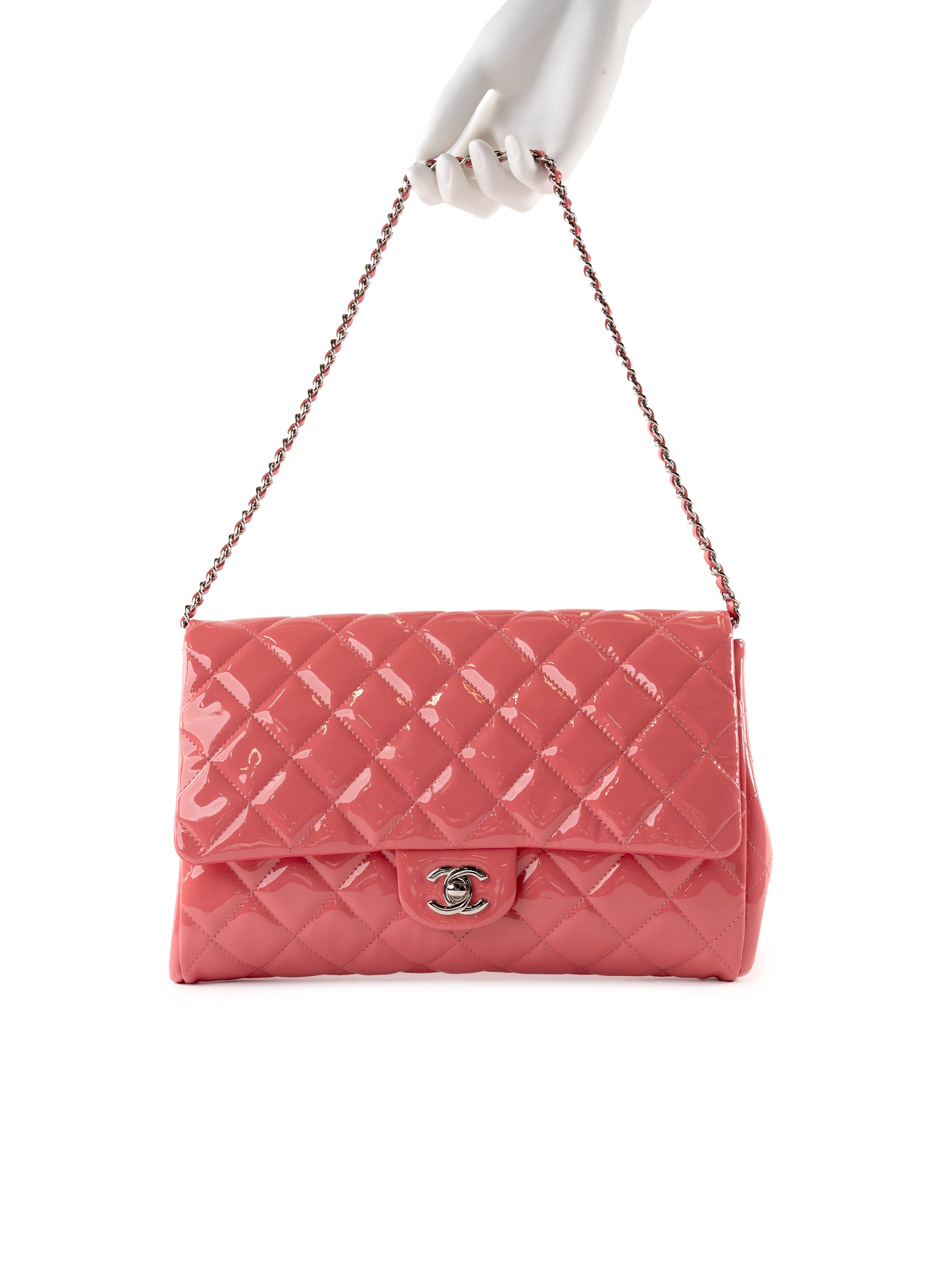 Chanel Patent Leather Quilted Clutch On Chain