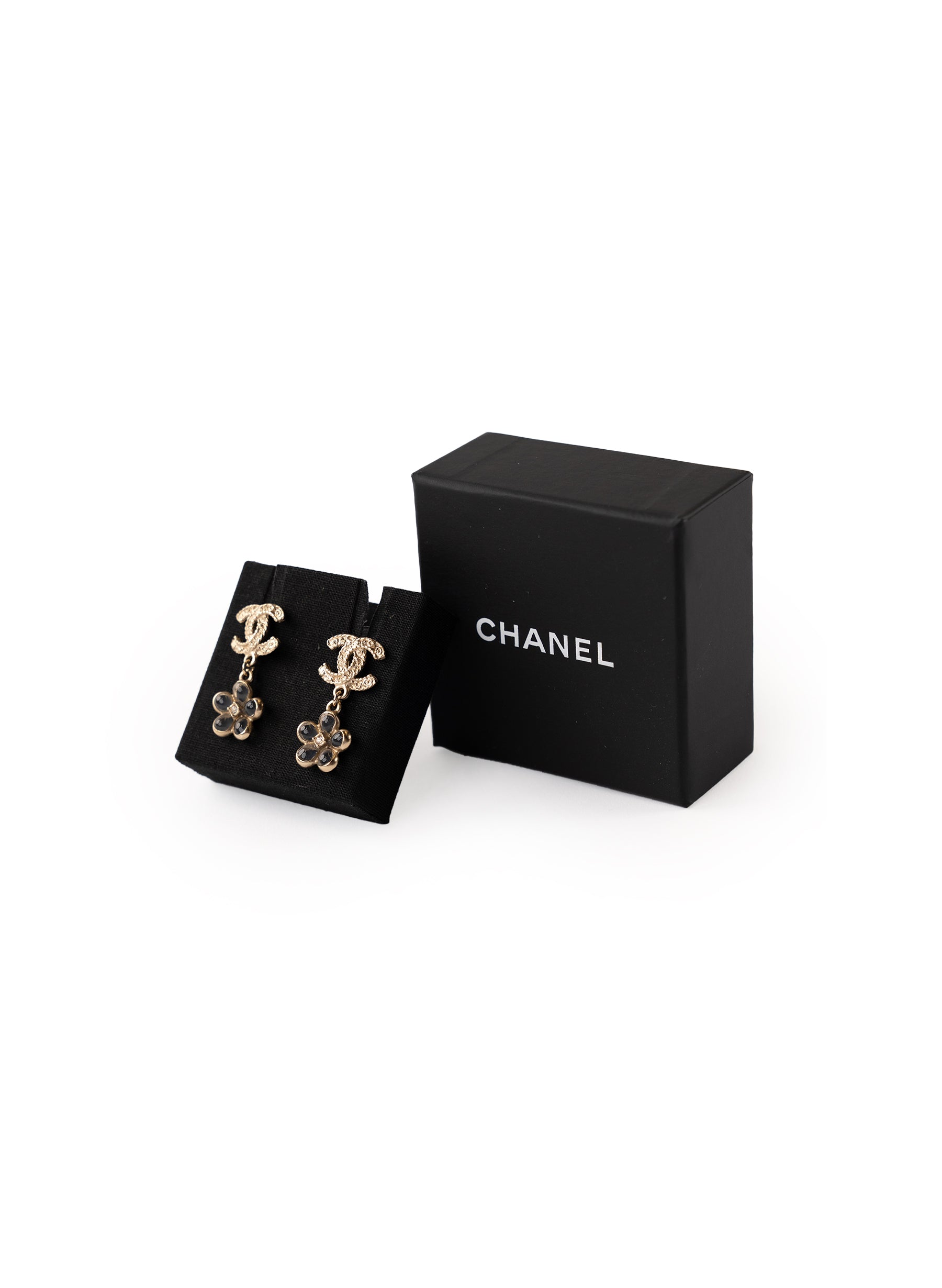 Chanel Resin Crystal CC Flower Drop Earrings