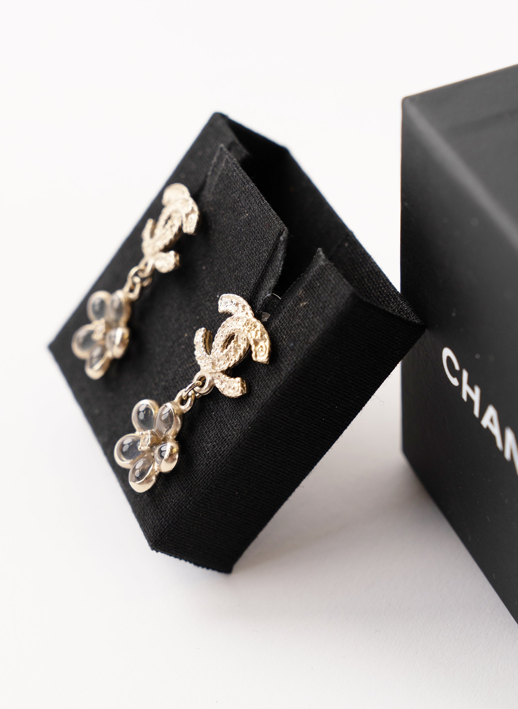 Chanel Resin Crystal CC Flower Drop Earrings