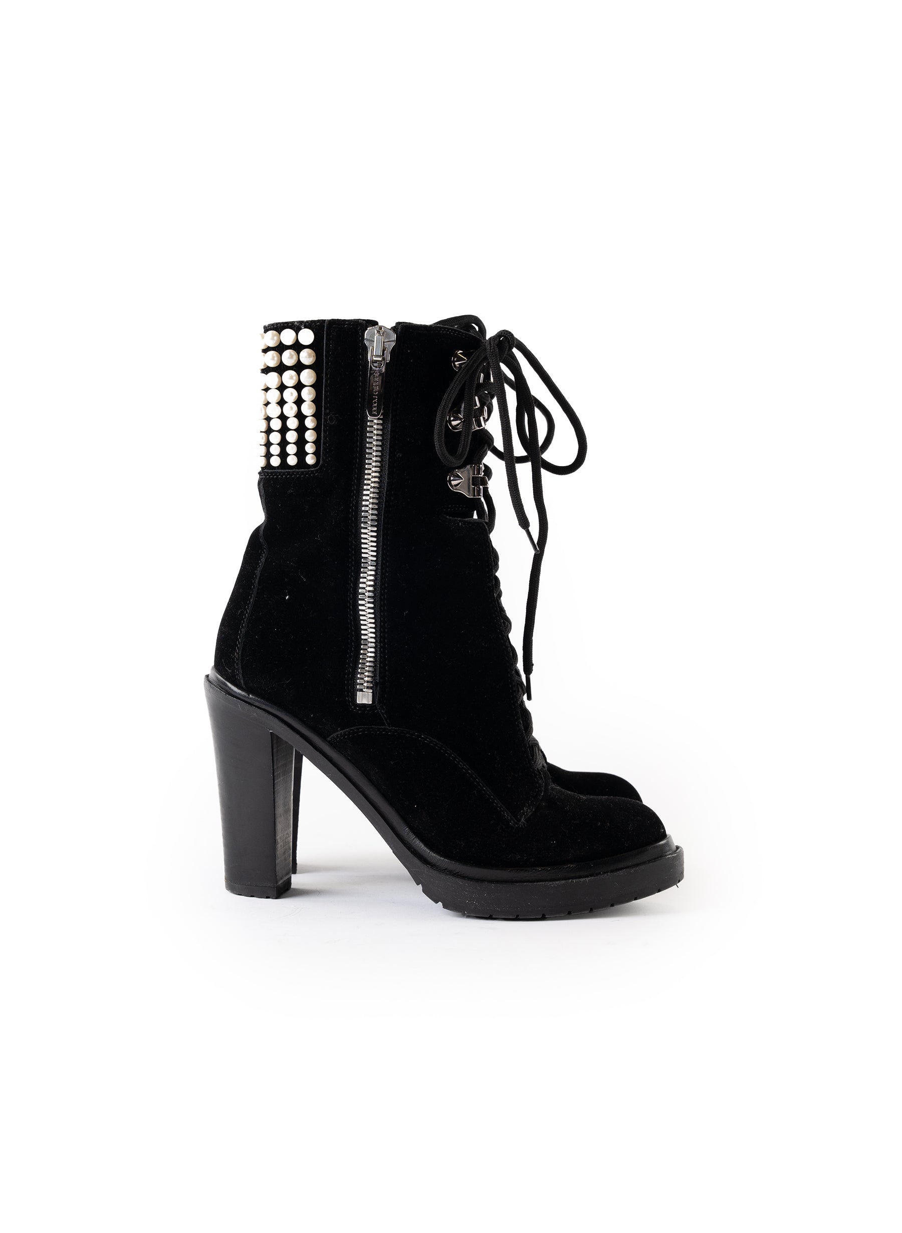 Sergio Rossi Resin Pearl Velvet Lace Up Boots