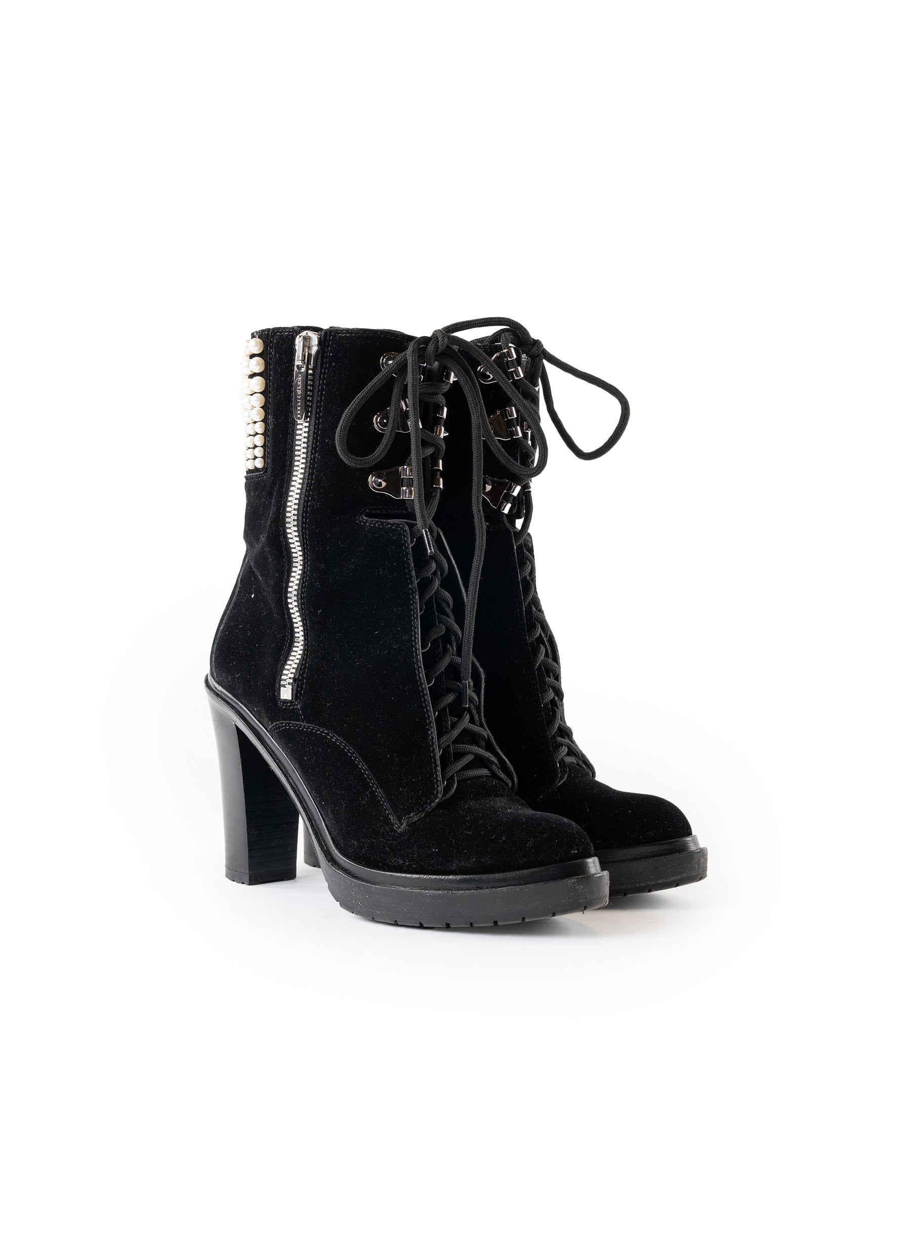 Sergio Rossi Resin Pearl Velvet Lace Up Boots