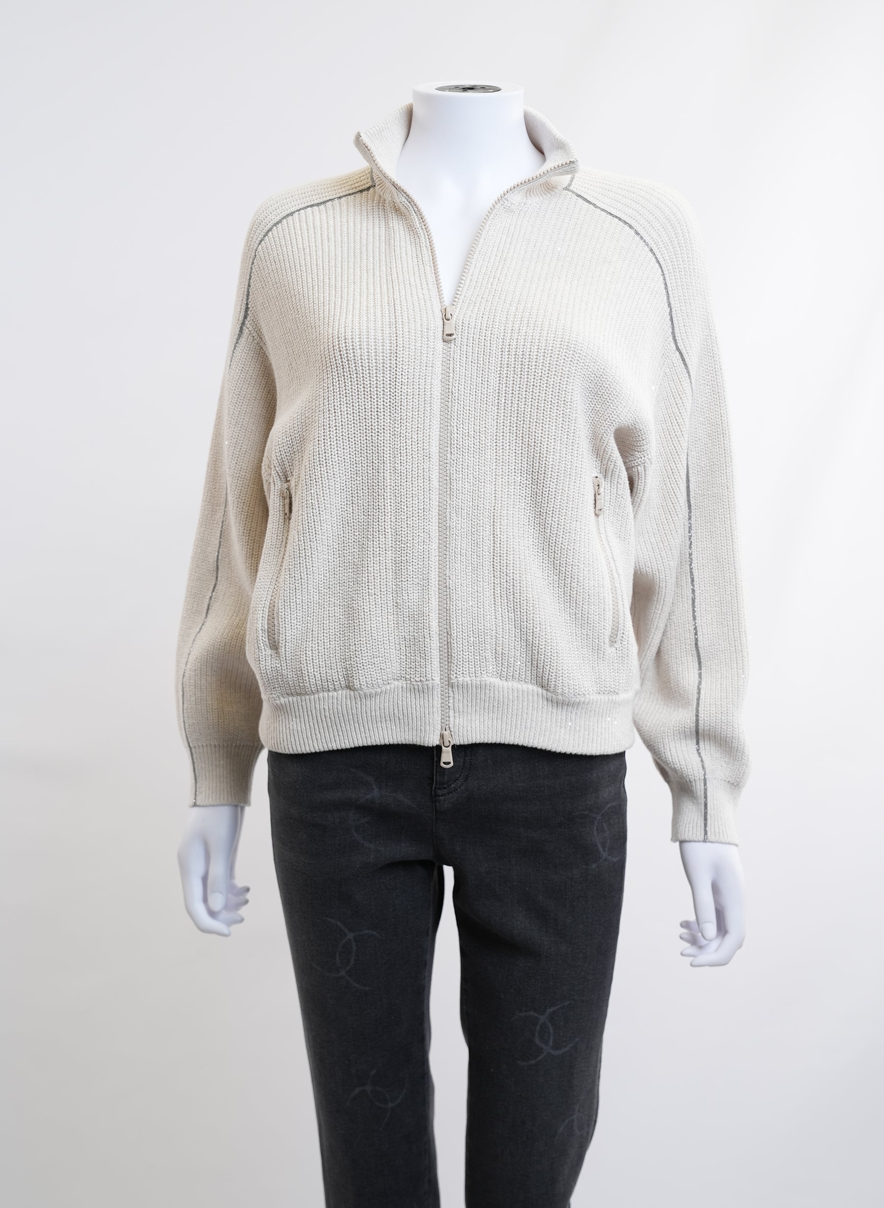 Brunello Cucinelli Oat Ribbed Cotton Zip Swaeter