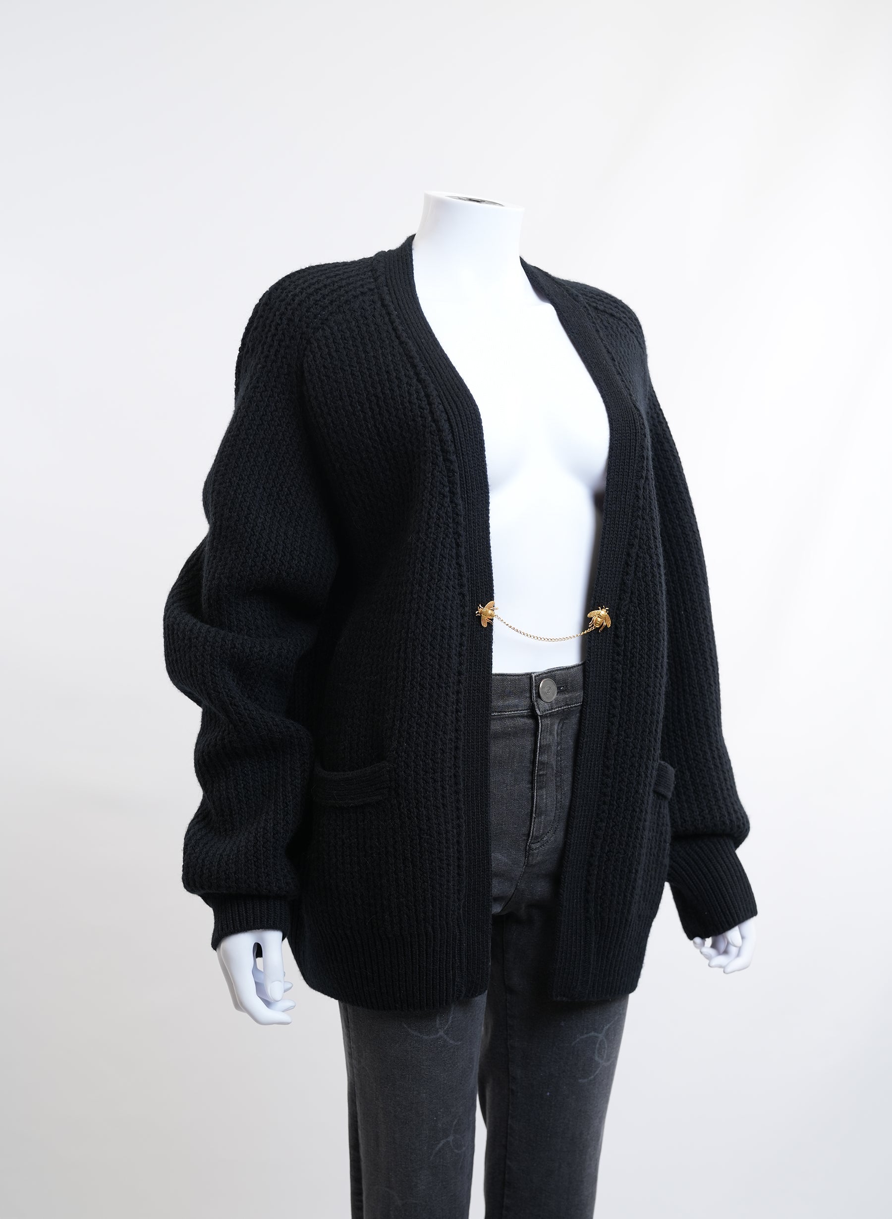Christian Dior Navy Open Knit Cardigan With Gold Toned Pin