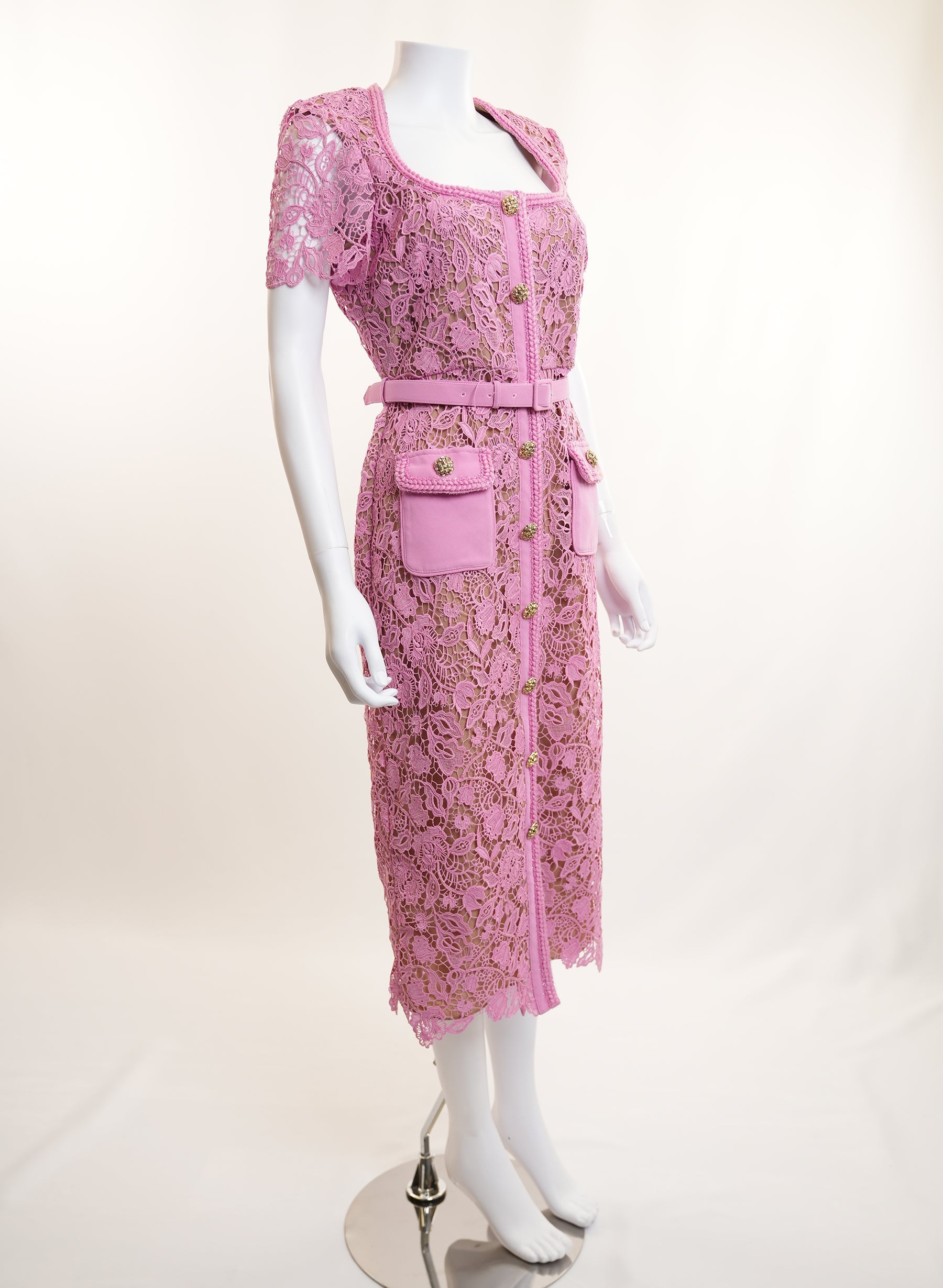 Self-Portrait Pink Lace Guipure Dress With Belt And Embellished Buttons