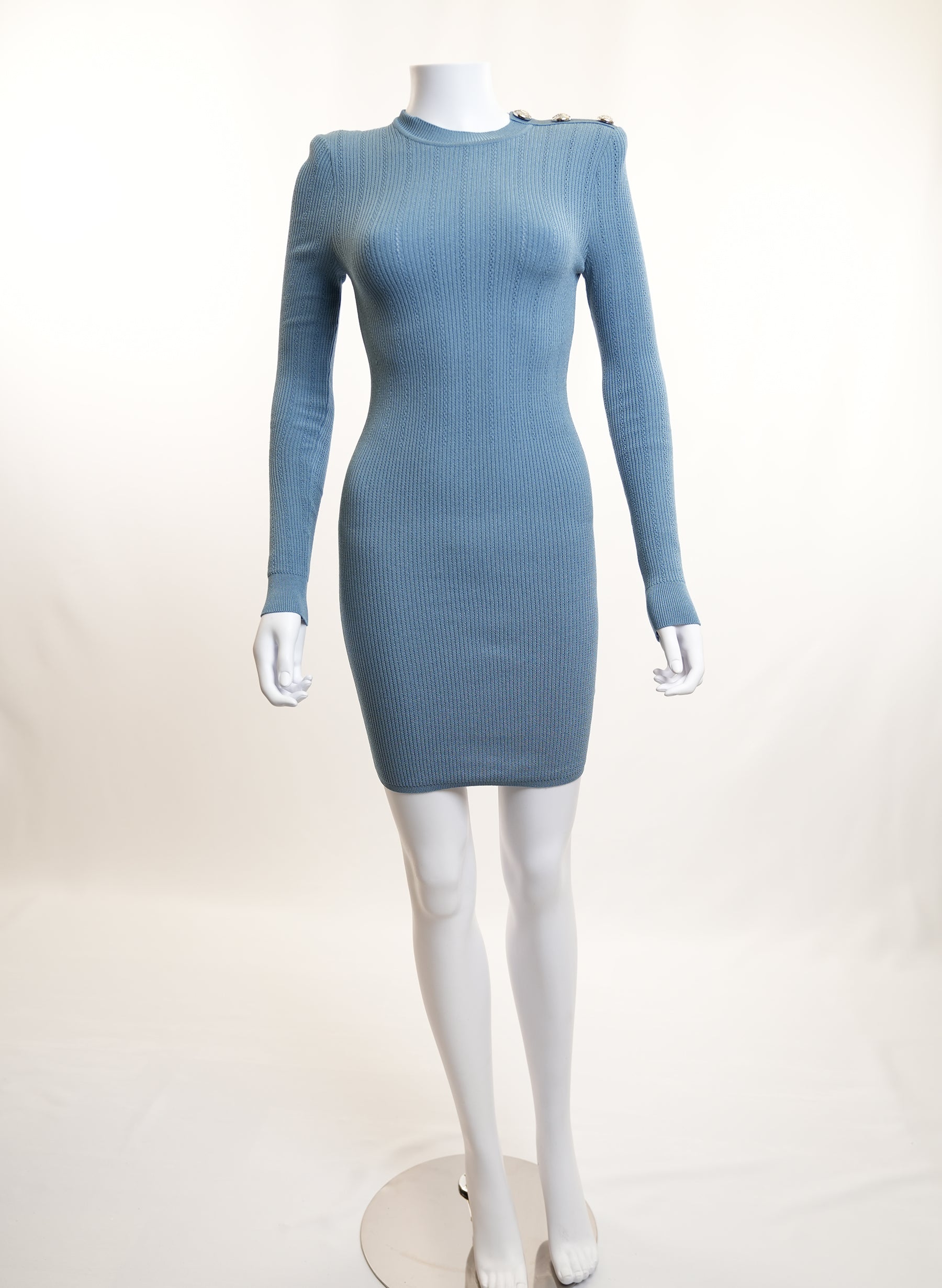 Balmain Blue Knit Dress With Studded Shoulders