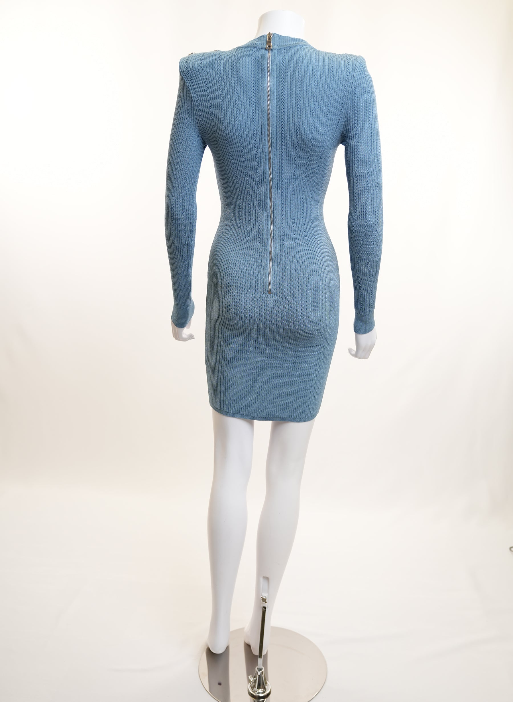 Balmain Blue Knit Dress With Studded Shoulders