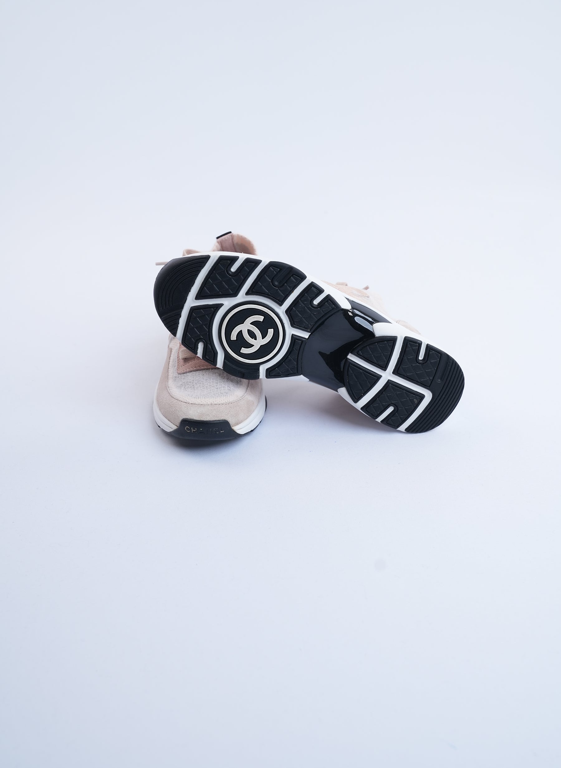 Chanel Pale Pink Knit And Suede Sneakers