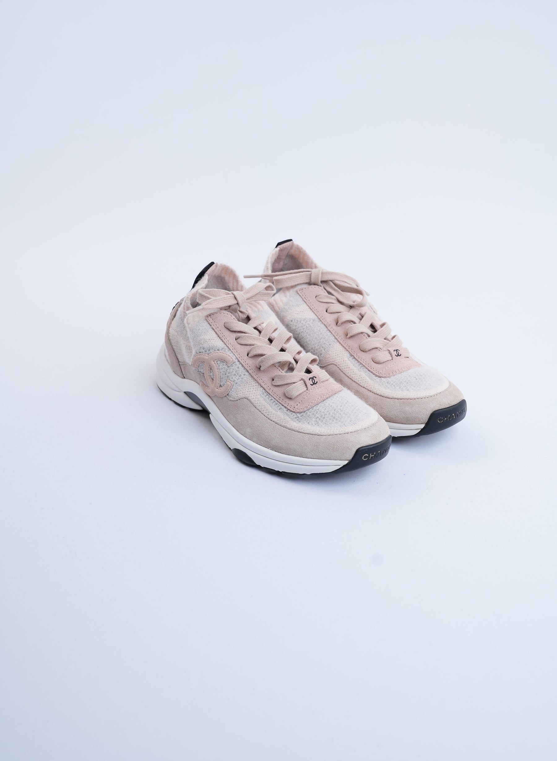 Chanel Pale Pink Knit And Suede Sneakers