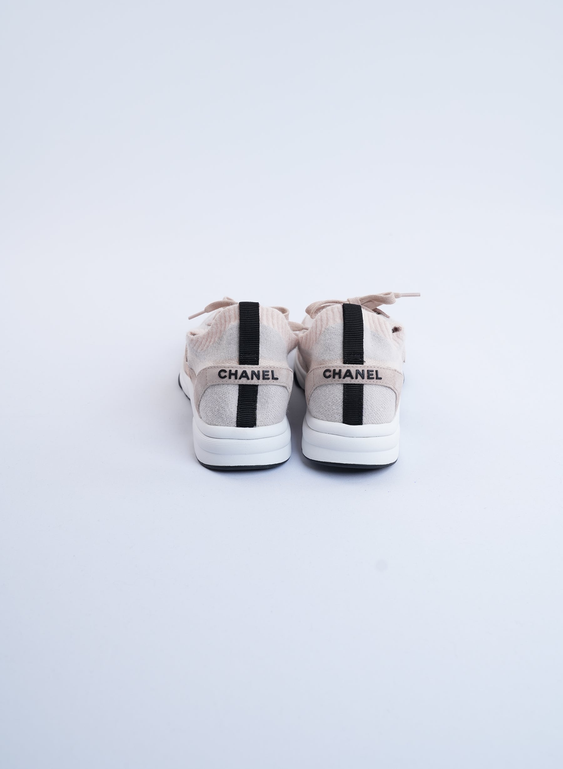 Chanel Pale Pink Knit And Suede Sneakers