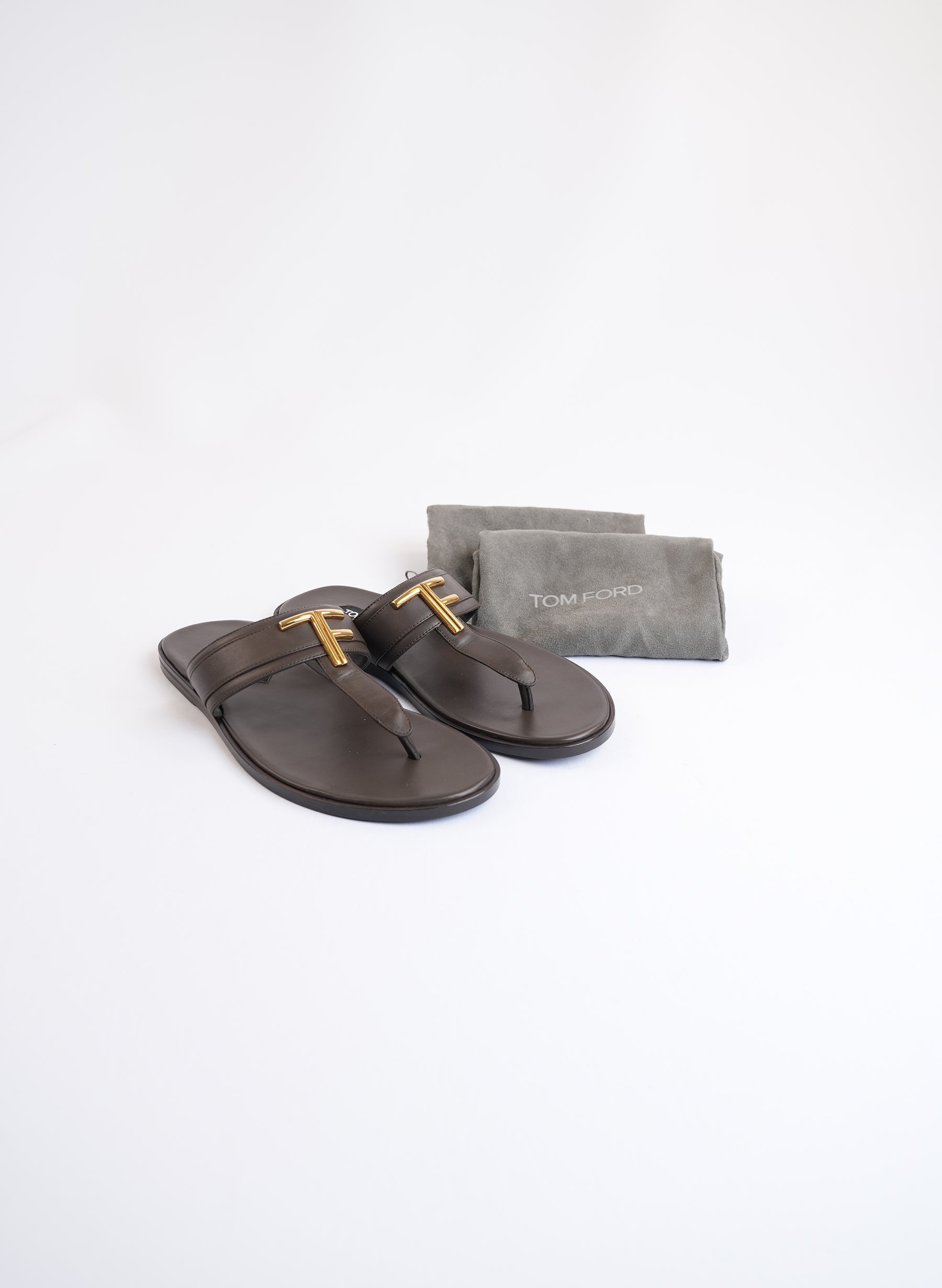 Tom Ford Brighton Brown Leather T-Bar Sandals With Gold Hardware