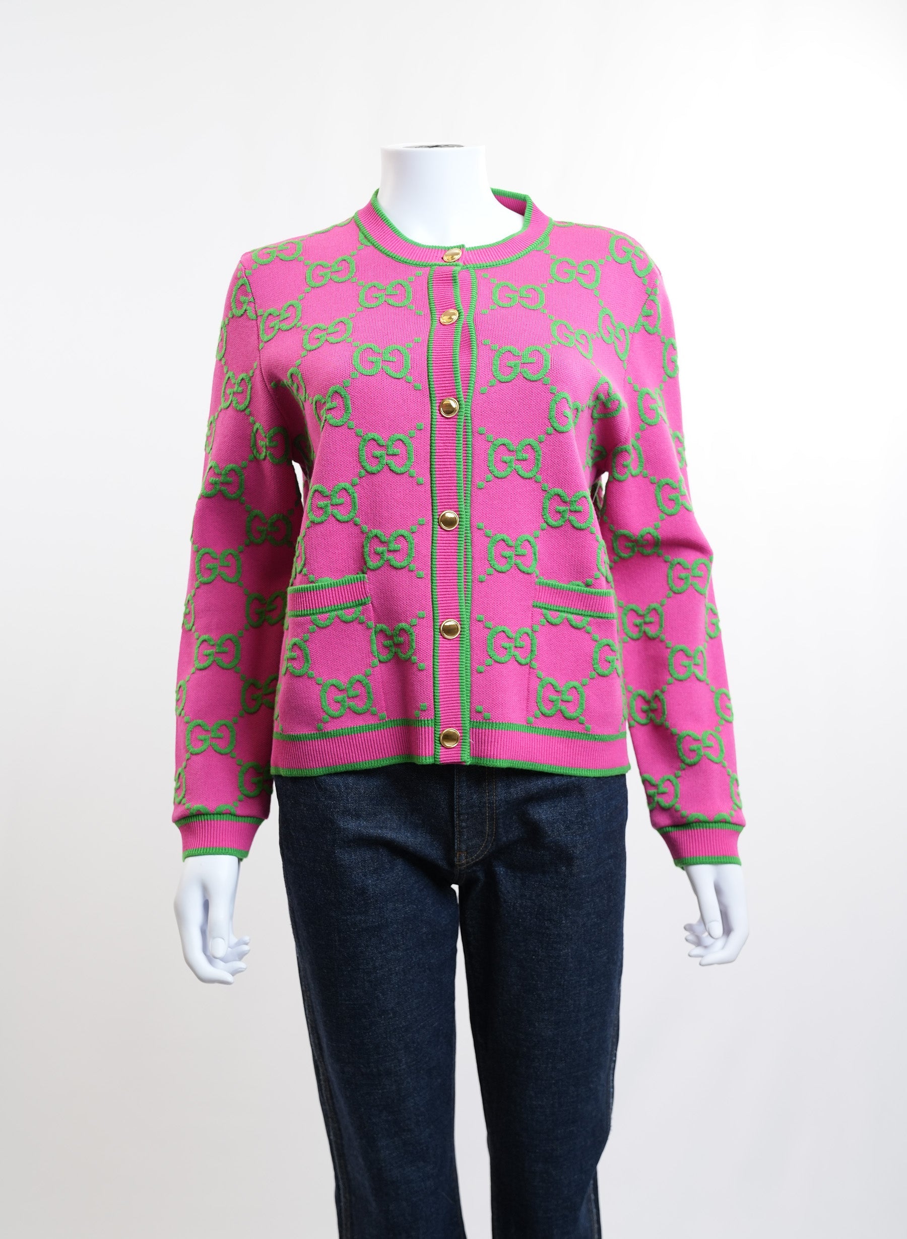 Gucci GG Wool Bloucle Jacquard Pink Cardigan