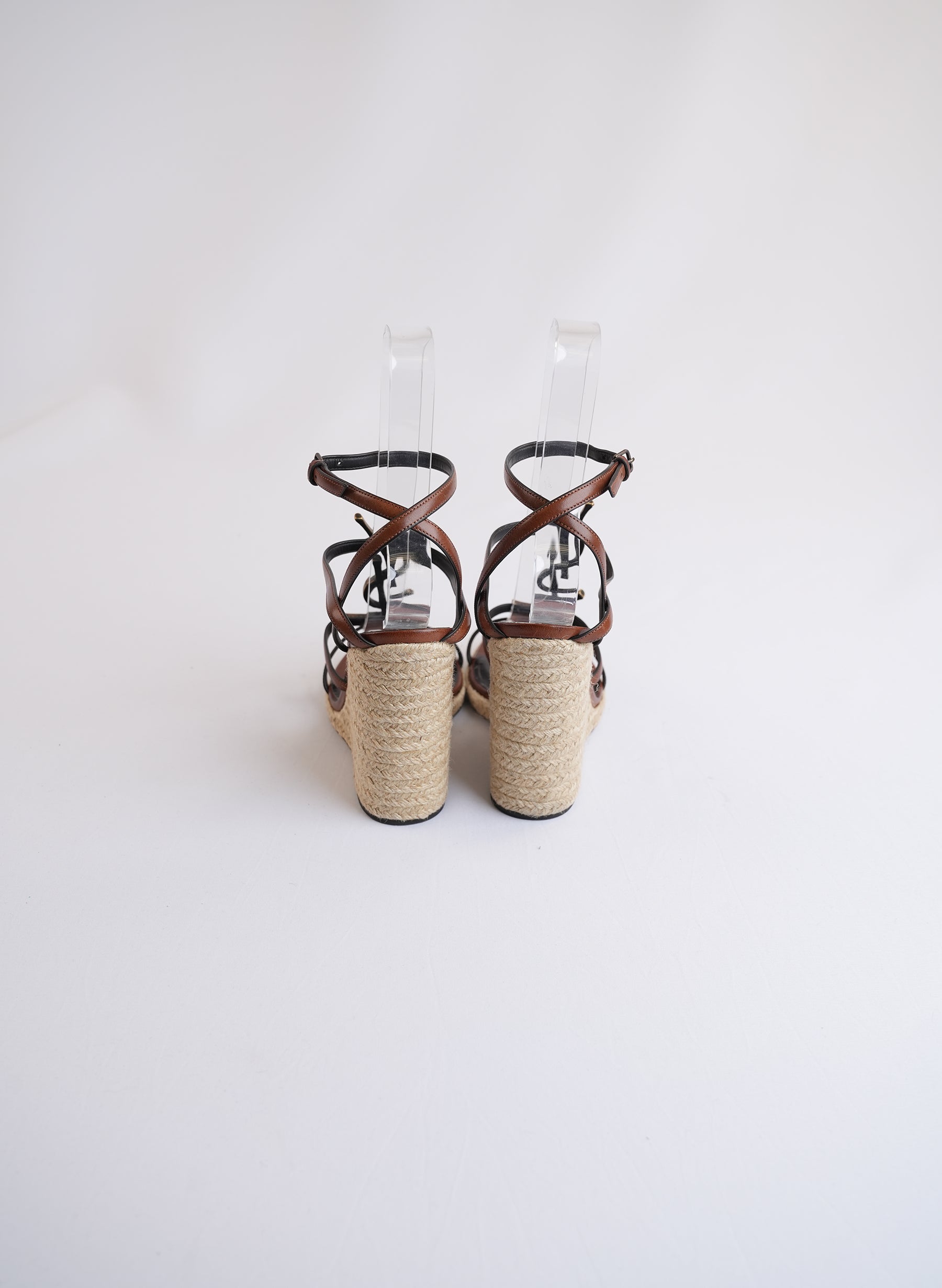 Saint Laurent Cassandra Brown Wedge Sandals With Gold YSL Logo