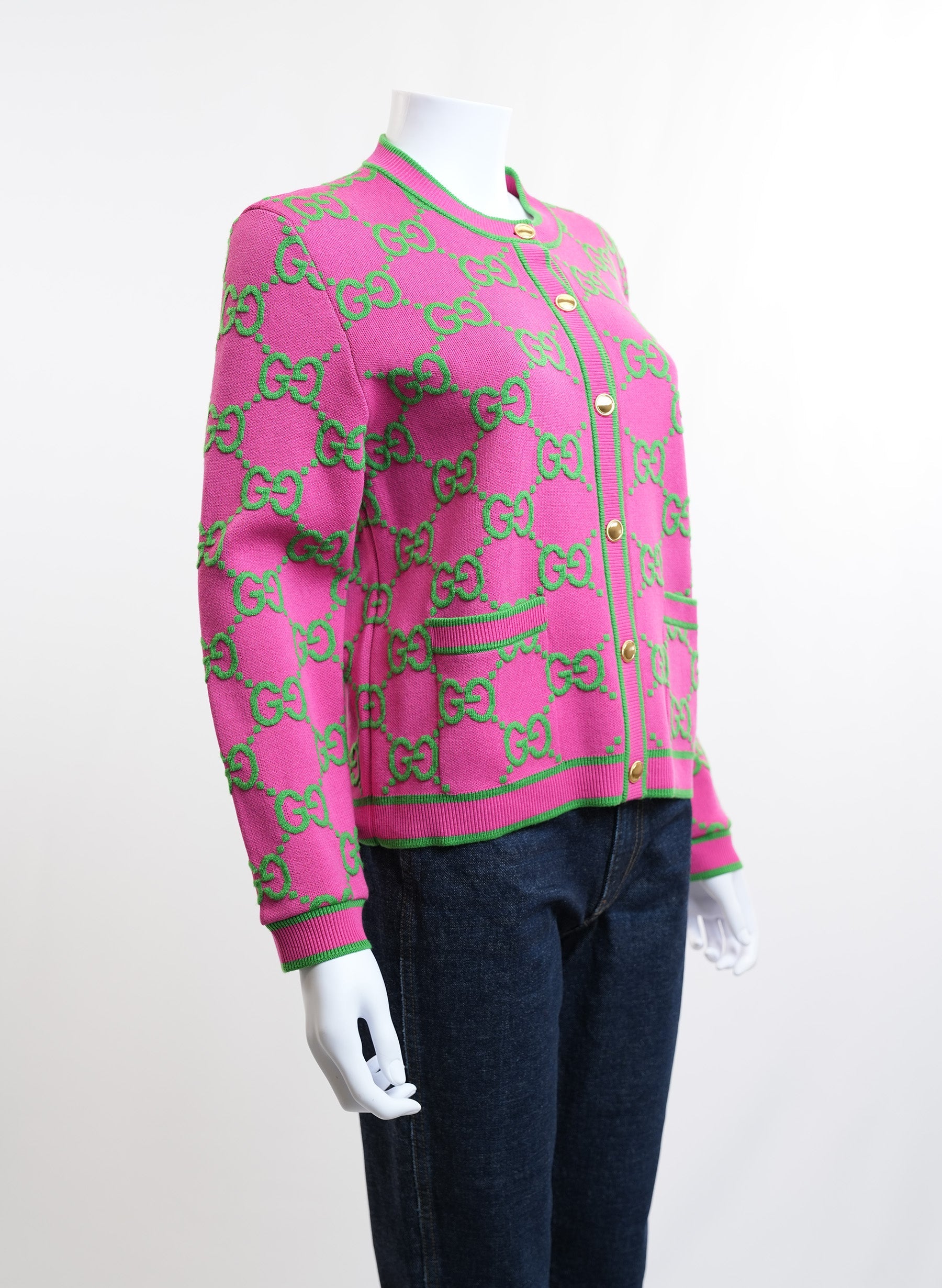 Gucci GG Wool Bloucle Jacquard Pink Cardigan