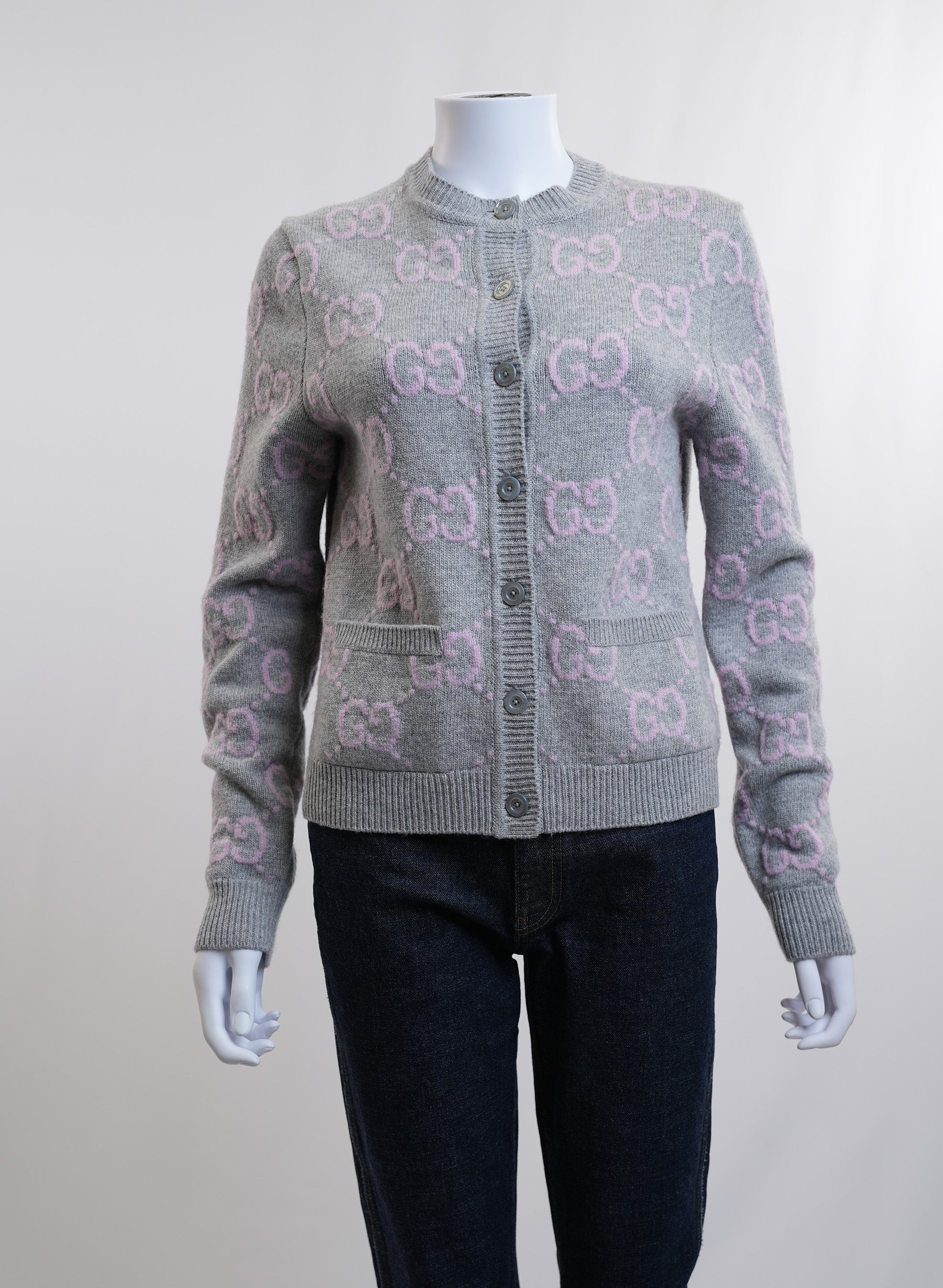 Gucci GG Wool Bloucle Jacquard Light Grey Cardigan