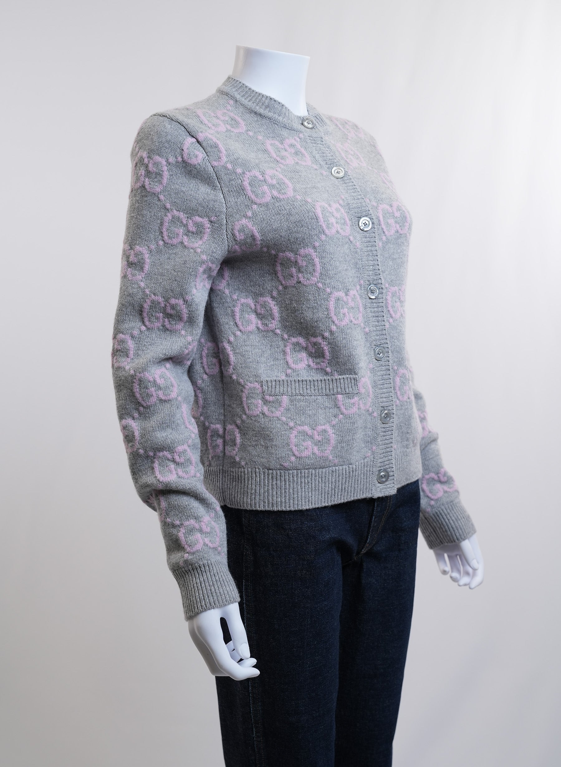 Gucci GG Wool Bloucle Jacquard Light Grey Cardigan
