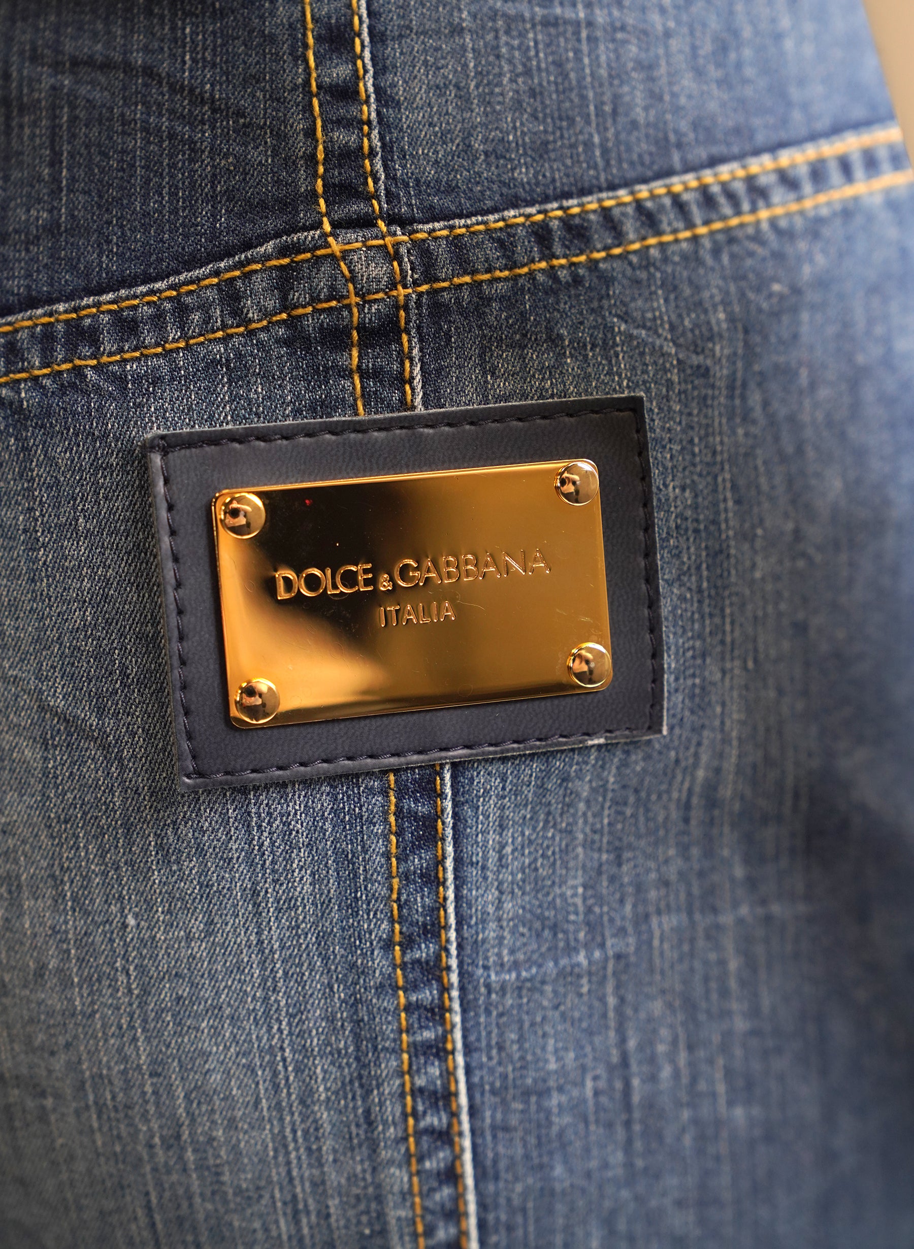 Dolce & Gabbana Blue Denim Chain Detail Fitted Skirt