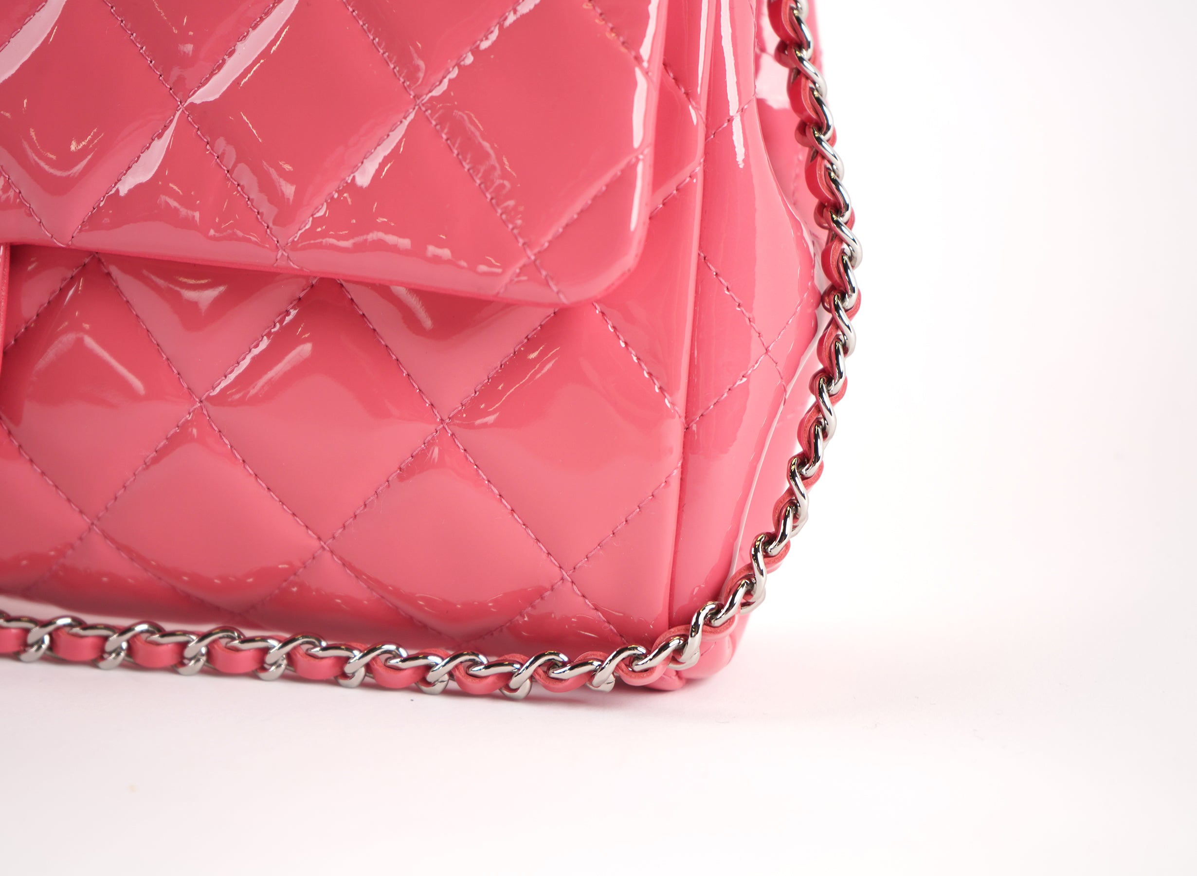 Chanel Patent Leather Quilted Clutch On Chain