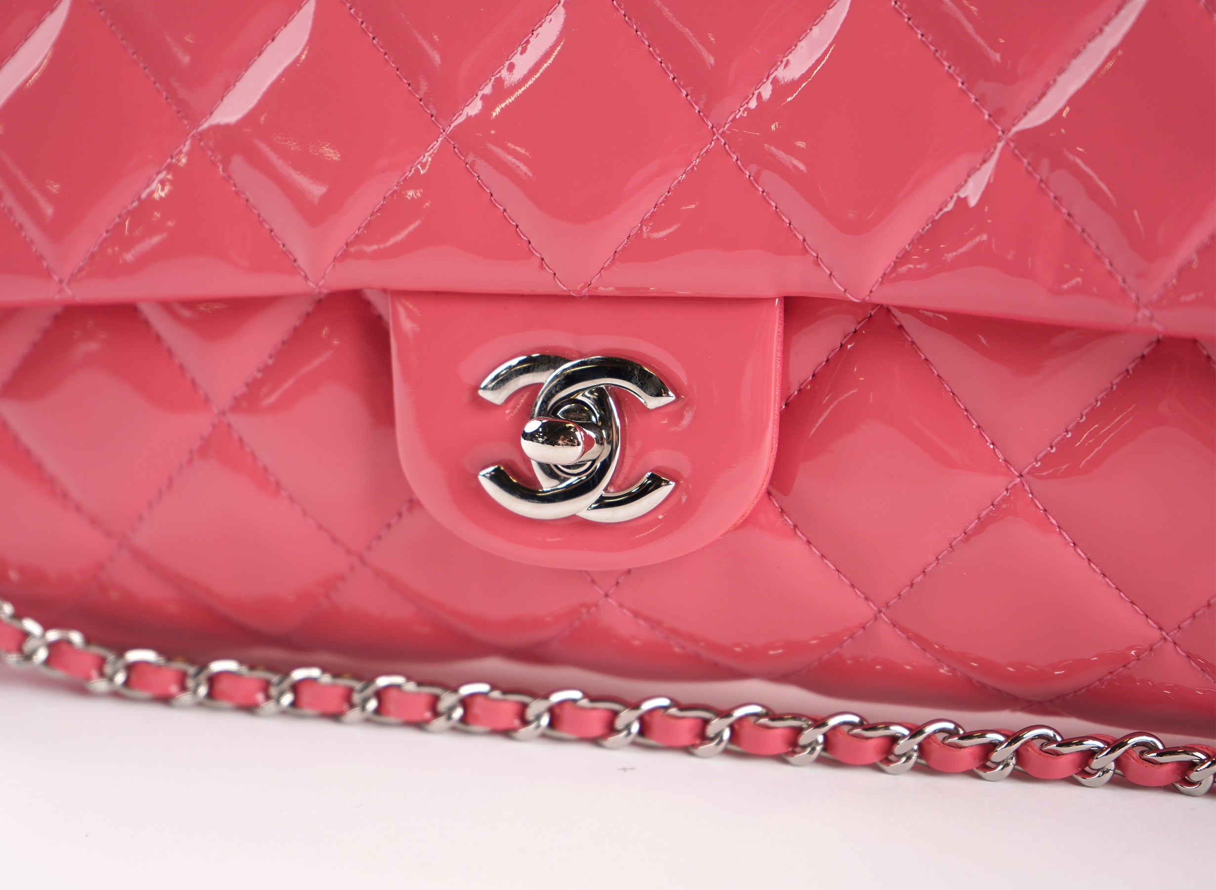 Chanel Patent Leather Quilted Clutch On Chain