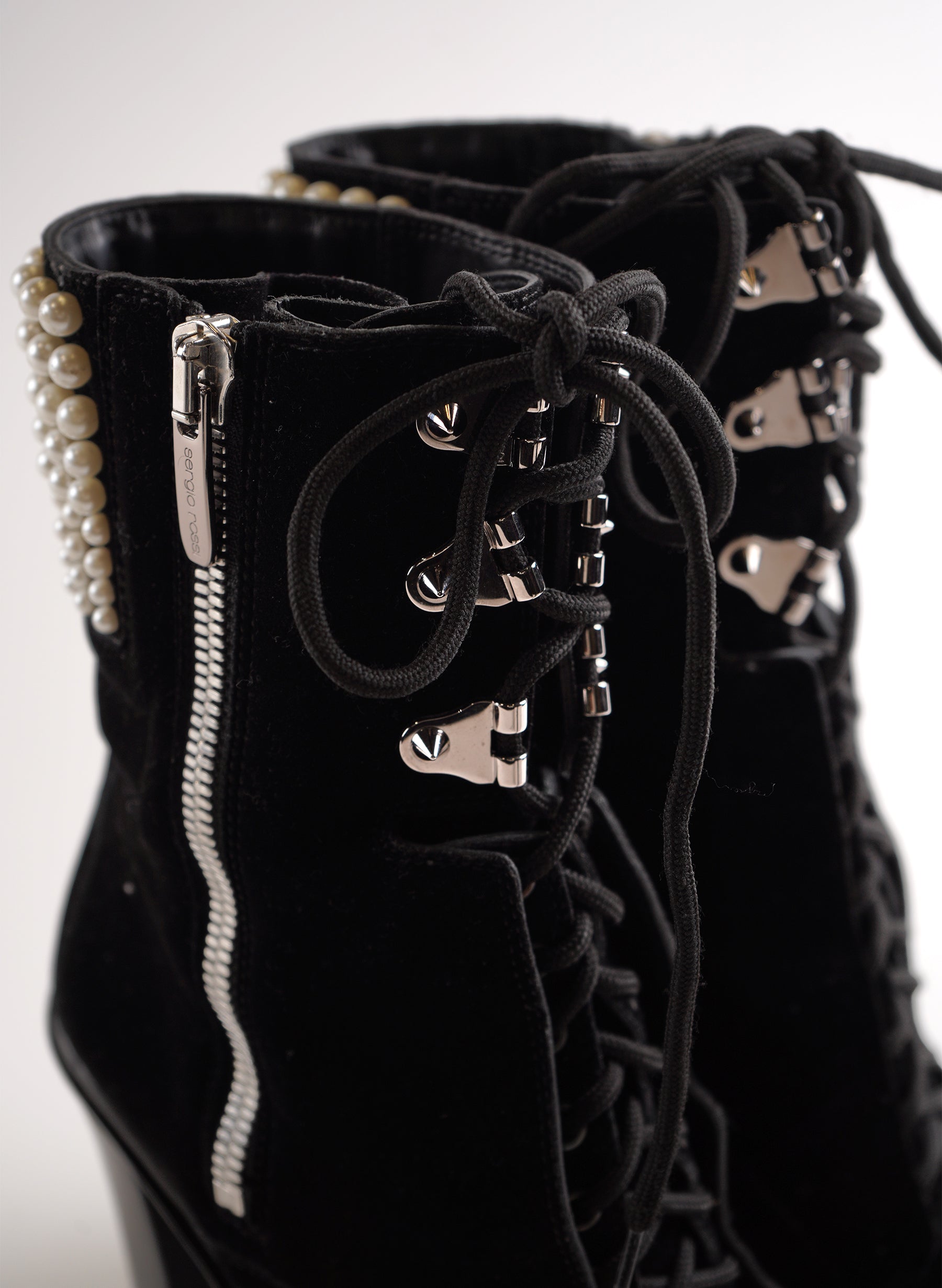 Sergio Rossi Resin Pearl Velvet Lace Up Boots