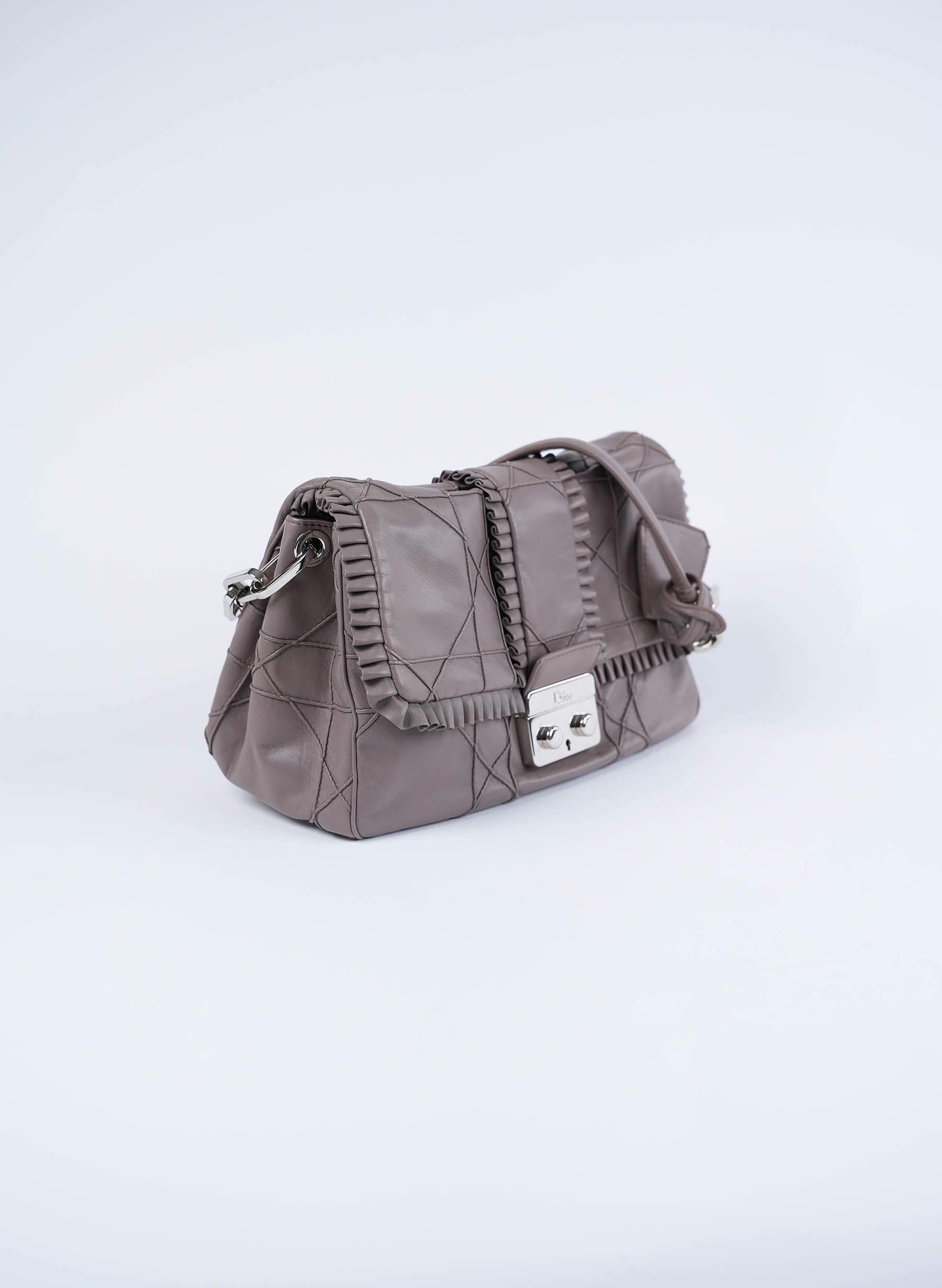 DIOR Lambskin Cannage Ruffle New Lock Flap Dark Taupe