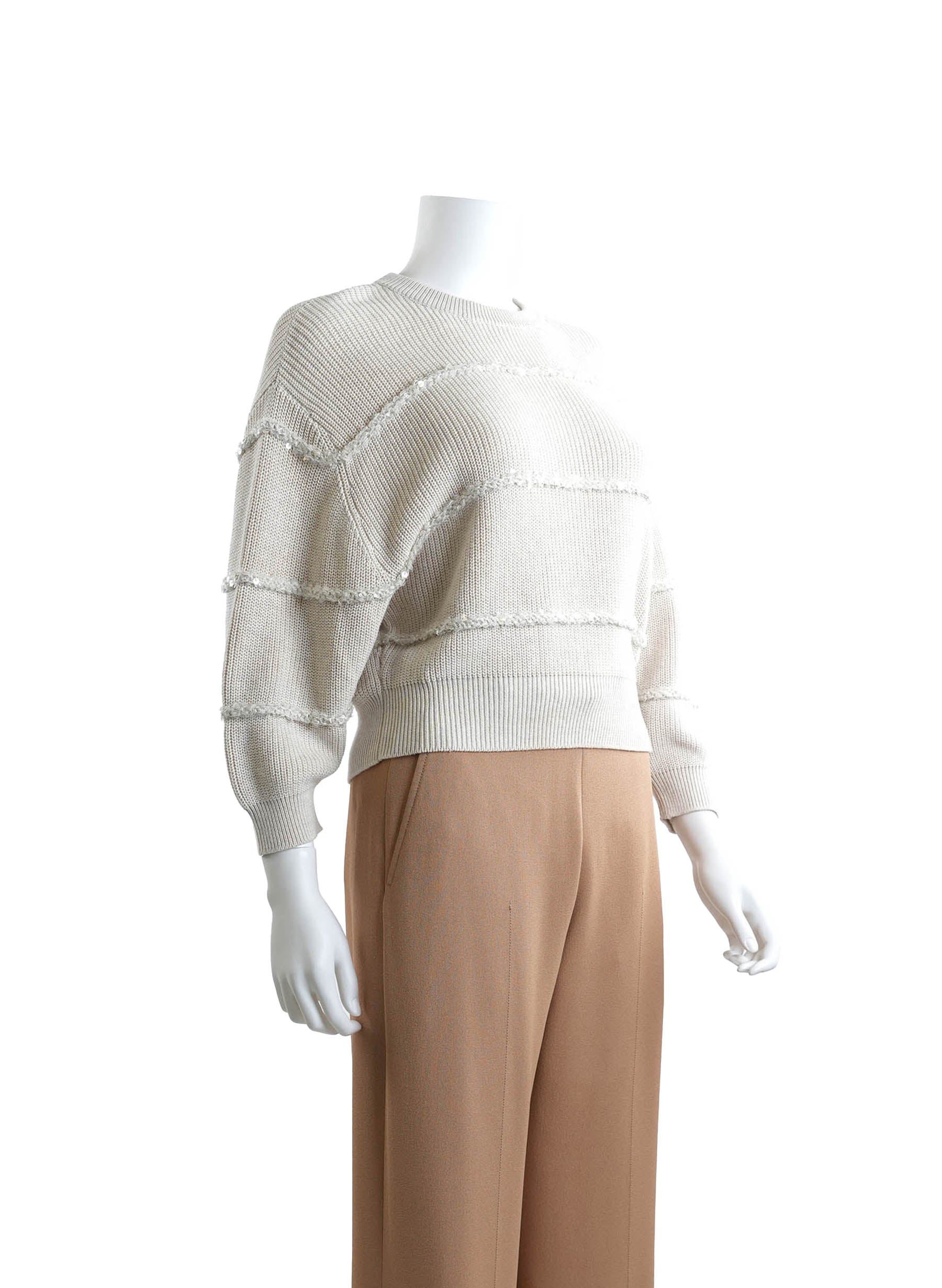 Brunello Cucinelli Oat Textured Paillette Stripes Crop Cardigan