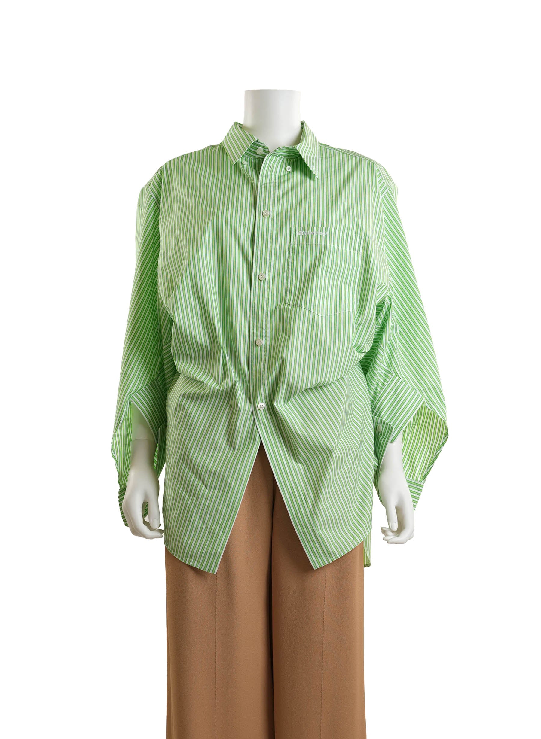 Balenciaga Green Pinstripe Poplin Swing Twisted Shirt