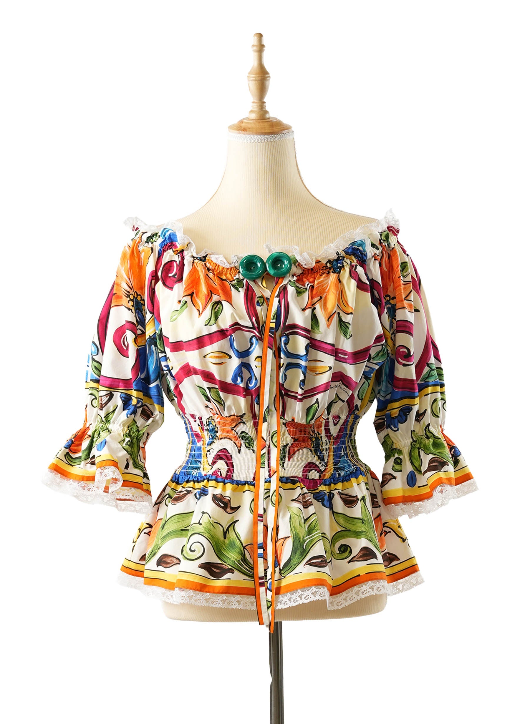 Dolce & Gabbana Multicolour Majolica Print Cotton Smocked Off Shoulder Blouse