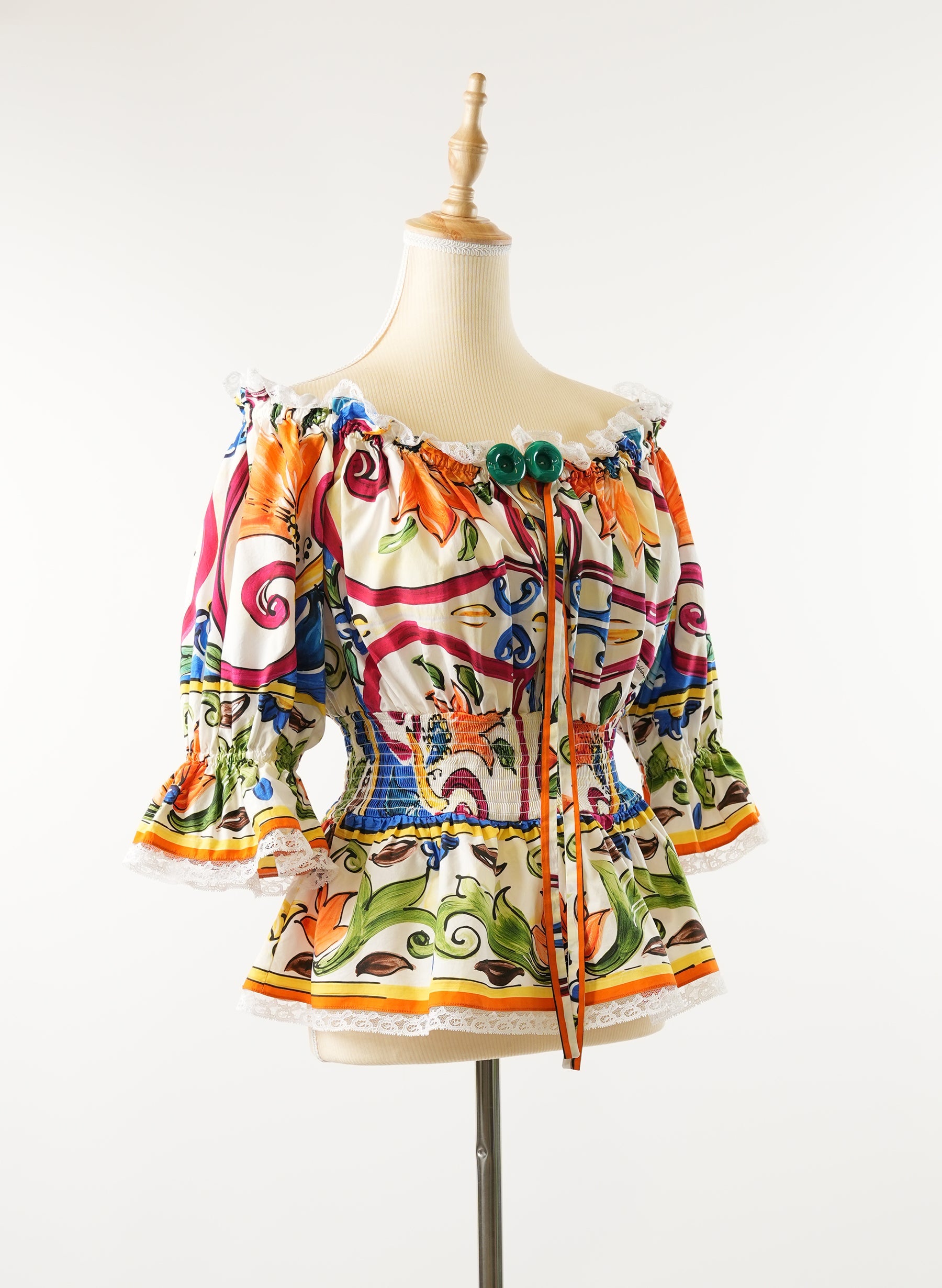 Dolce & Gabbana Multicolour Majolica Print Cotton Smocked Off Shoulder Blouse