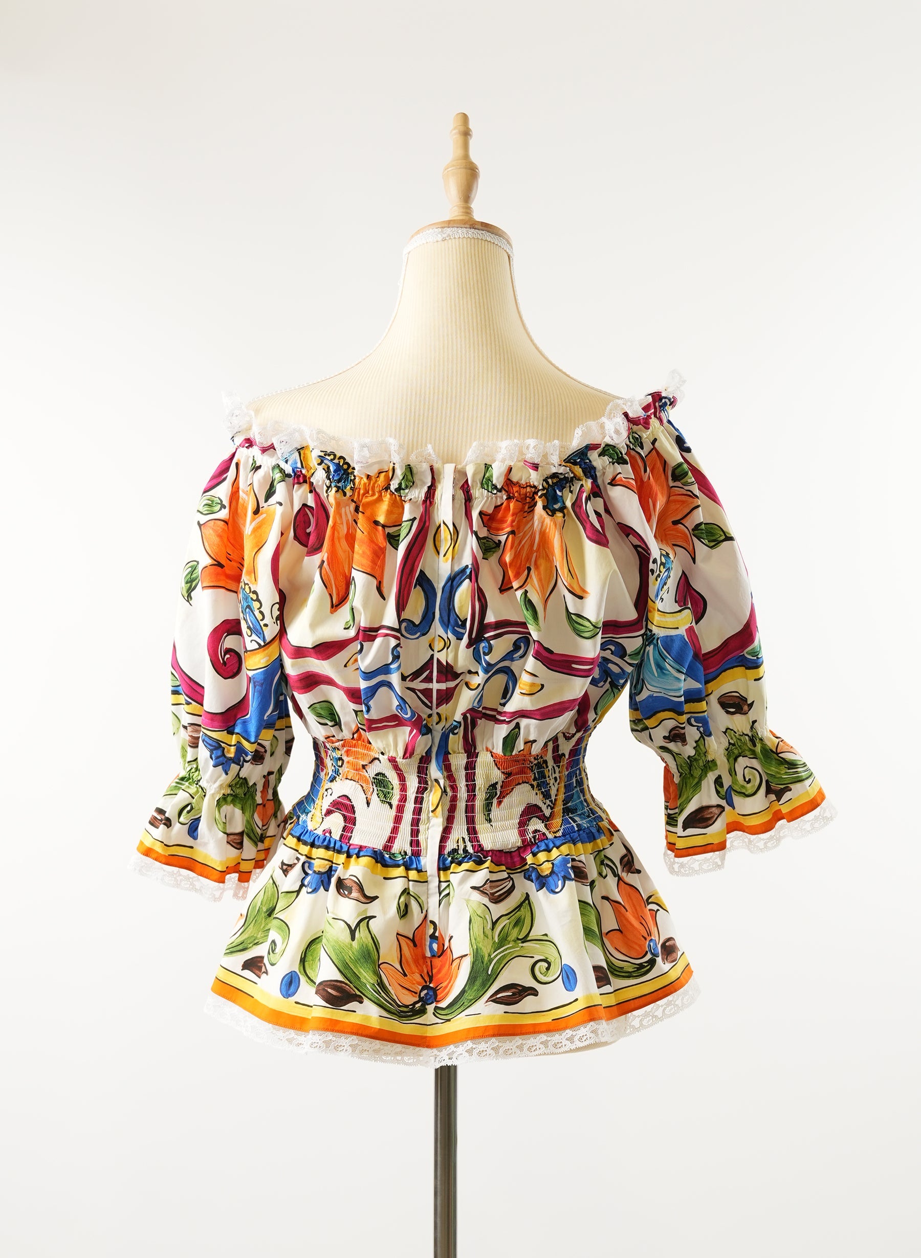 Dolce & Gabbana Multicolour Majolica Print Cotton Smocked Off Shoulder Blouse