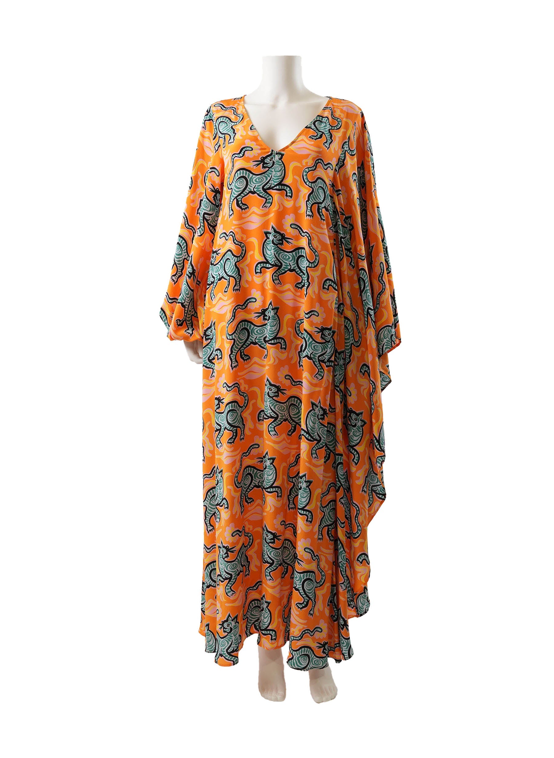 La DoubleJ Opera Cape-Sleeve Crazy Tiger-Print Silk Dress