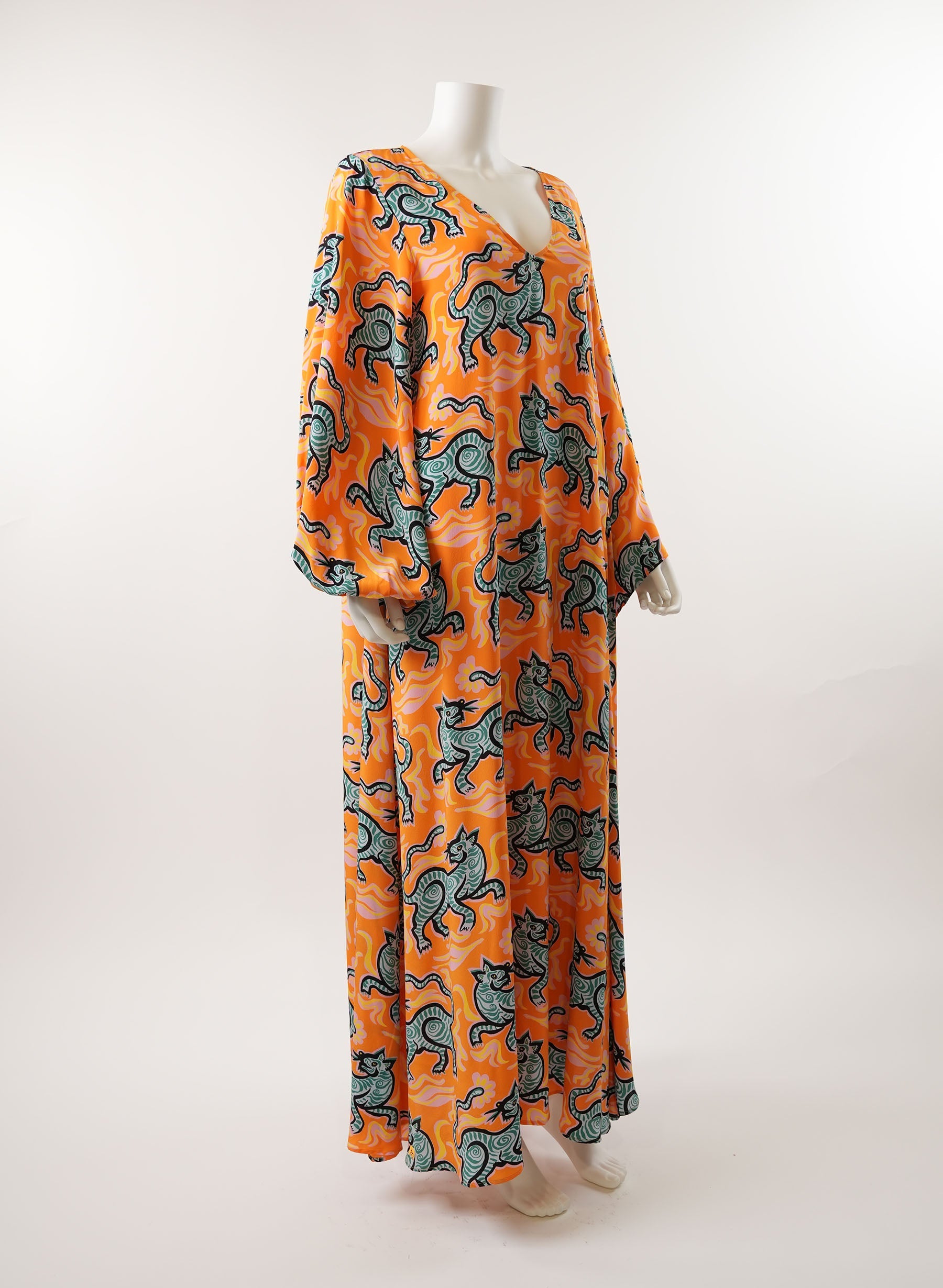 La DoubleJ Opera Cape-Sleeve Crazy Tiger-Print Silk Dress