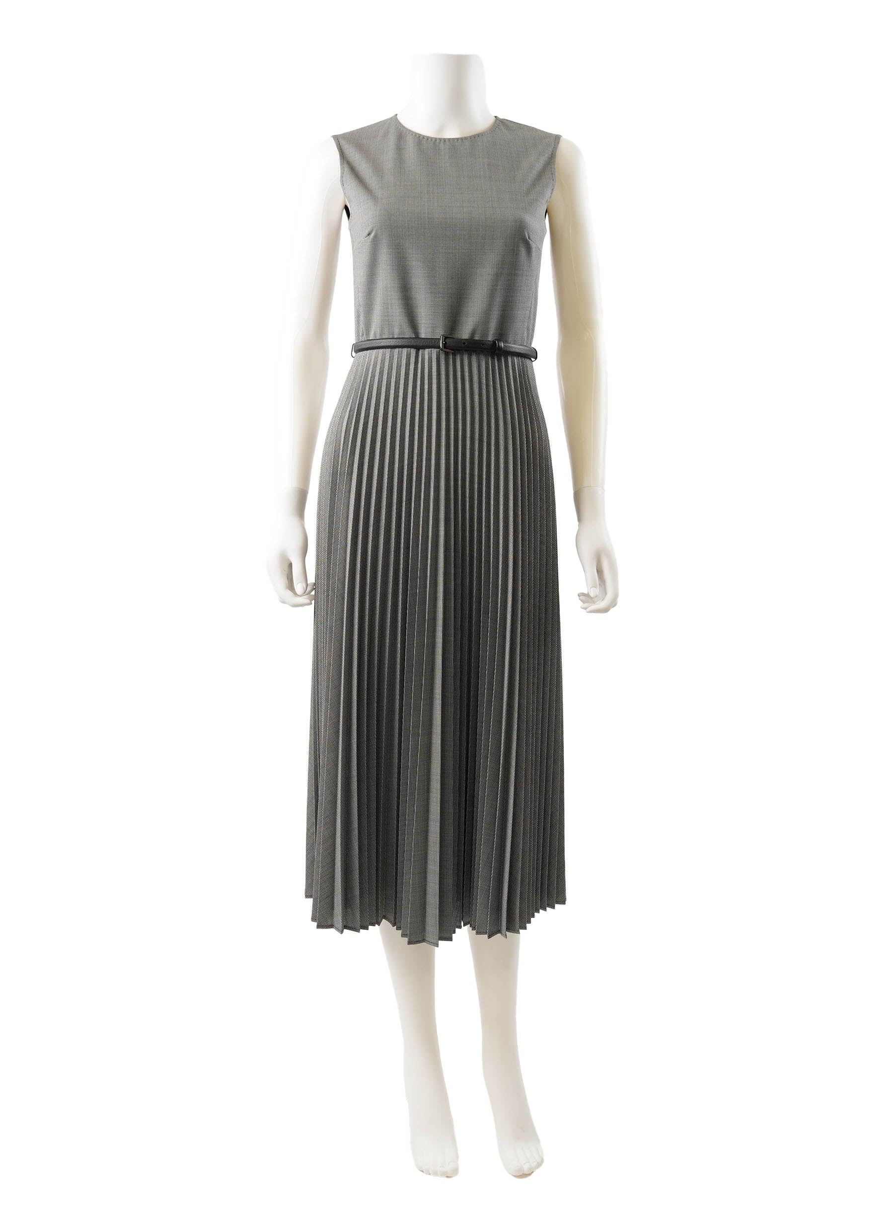 MAXMARA Ariella Belted Pleated Houndstooth Wool-Blend Midi Dress